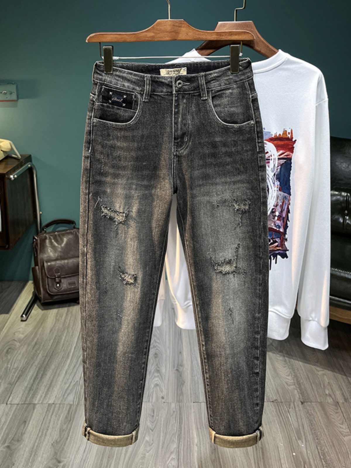 Streetwear Brand Jeans - Calça Jeans Masculina Americana Rasgada Casual